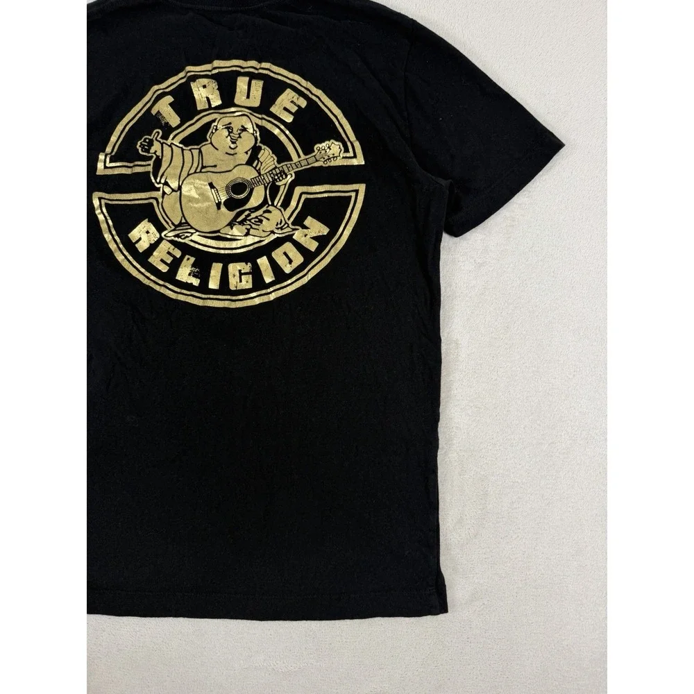 True Religion Mens Black Crew Neck T-Shirt Gold Metallic Horseshoe Logo Small